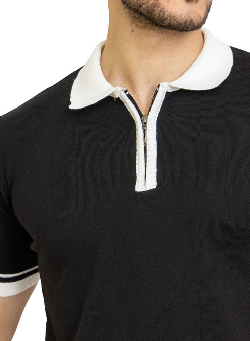 Black F - Zipper Polo Neck Pullover - Khotwh
